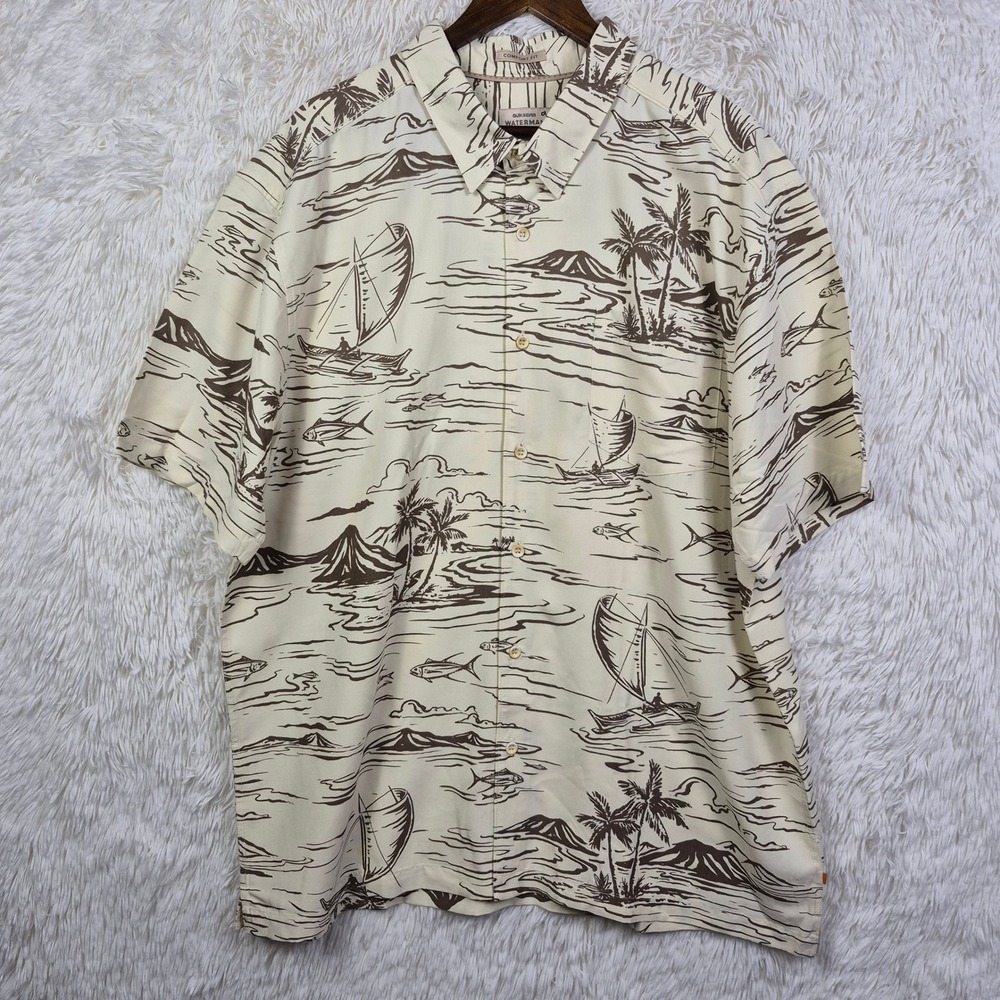 NWT‎ Quiksilver Waterman Poipu Beach Shirt XXXL Cream Brown Island Print Resort